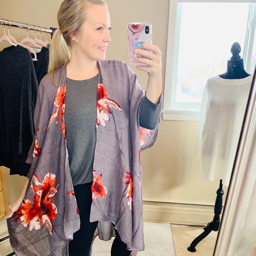 Kimono Floral Swimsuit Cover Up Beach Gray Scarf - Picture 3 of 7